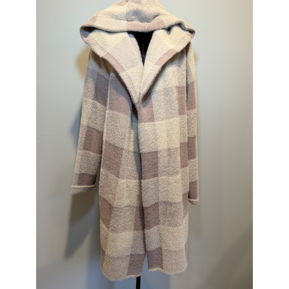 Charlie Paige Hooded Coatigan Plaid Fuzzy Open Front Sweater Jacket Tan Crème